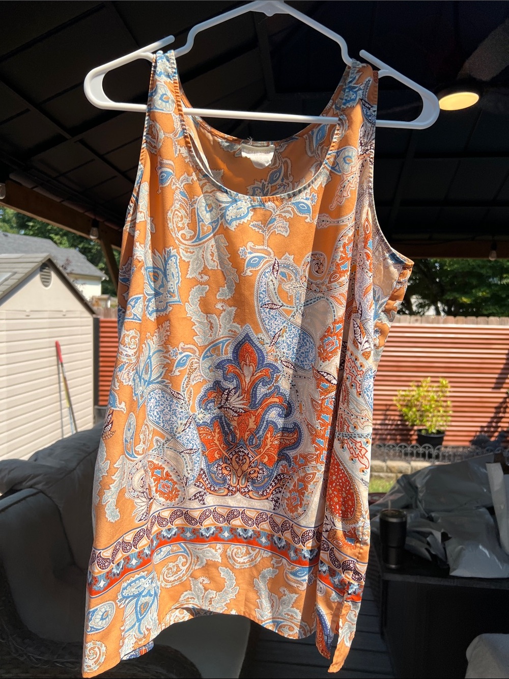 Lucy & Laurel Orange Paisley Scoop Neck Tank with Blue & Cream Accents